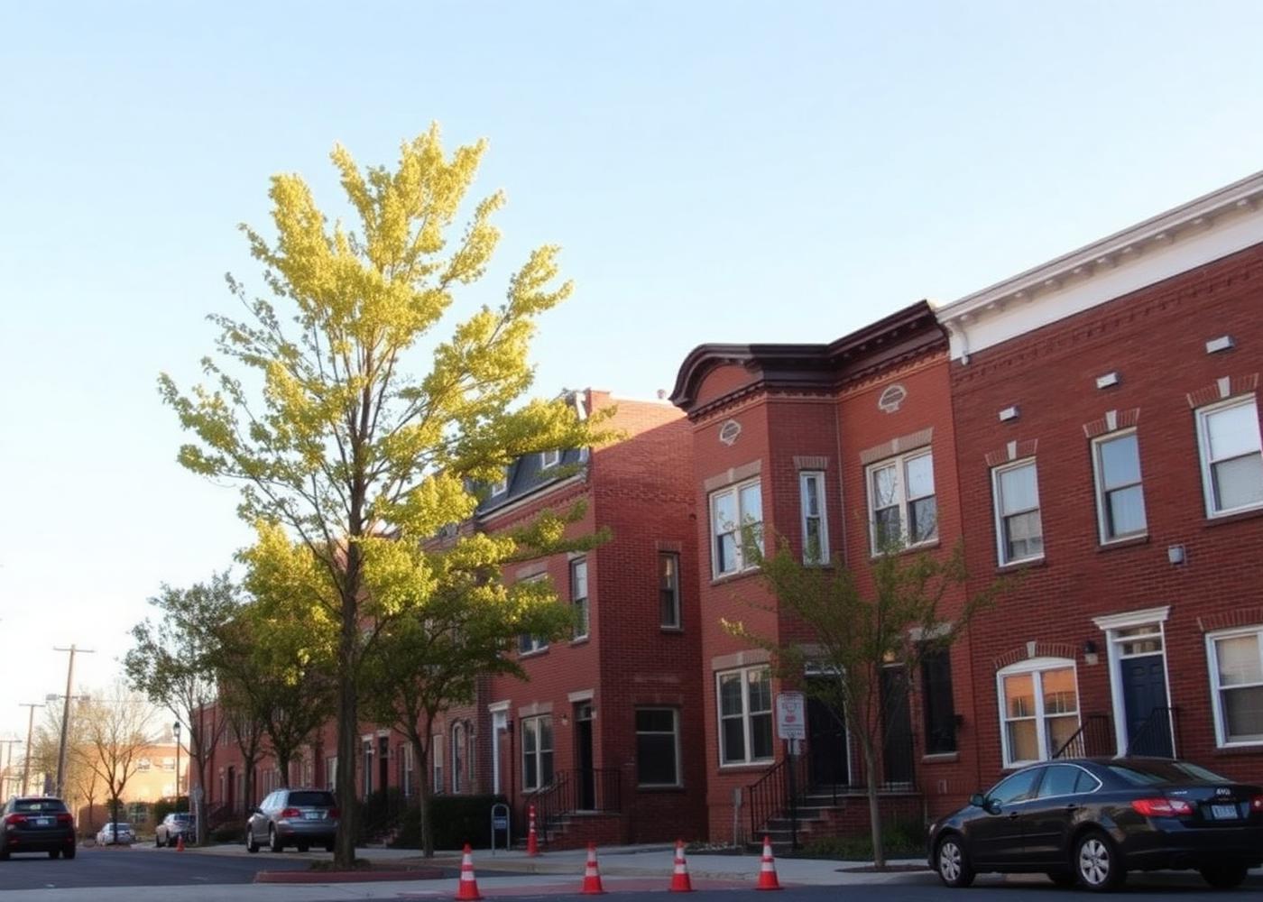 Restored brick townhomes in East Baltimore